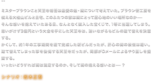 ミスターブラウンこと天王寺裕吾は最愛の娘・綯について考えていた。ブラウン管工房を構える大檜山ビルと自宅、このふたつの家は綯にとって居心地のいい場所なのか— そんな想いを抱えていたある日、なんとなく購入した宝くじで、1等に当選してしまう。思いがけず3億円という大金を手にした天王寺は、迷いながらもビルの建て替えを決意する。 かくして、約1年の工事期間を経て完成した新ビルだったが、肝心の綯の表情は暗い。建て替えてしまった事を後悔する天王寺だったが、岡部がDメールによるやり直しを提案する。 いったいどうすれば綯は満足するのか、そして綯の抱える想いとは—？／シナリオ：坂本正吾